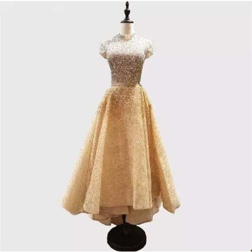 Luxury Gold Diamon Dubai Evening Dress 2020 Prom Gowns High Neck Beading Sequined Dress Prom Party Dress Robe De Soiree LE4042