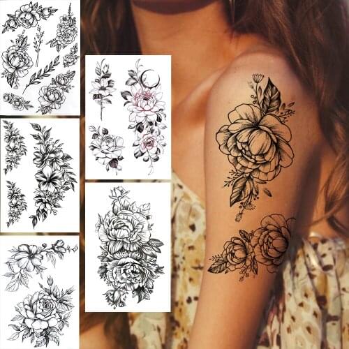 Sexy Peony Lily Temporary Tattoos For Women Girls Black Rose Flower Tattoo Sticker Fake Glory Dahlia Orchid Tatoos Waterproof