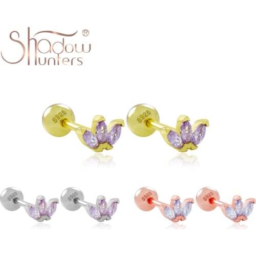 SHADOWHUNTERS 100% Real 925 Sterling Silver Teeny Stud Earrings Purple Zircon Crown Earring For Women Jewelry Bone Nail Piercing