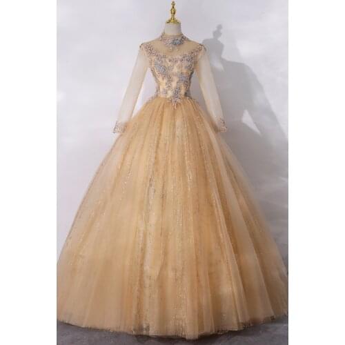 Light golden long sleeve stand collar beading rococo ball gown Renaissance Gown queen Victorian/Marie Antoinette Belle