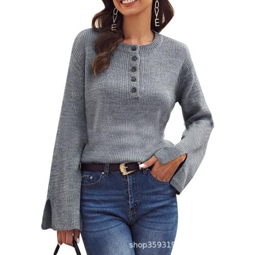 Autumn Best-selling Womens Sweater Gray Pullover Sweater Long-sleeved Round Neck Button Decoration Fashion Casual Knit Sweater
