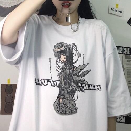 Harajuku Loose T-Shirts Women Gothic Punk Cartoon Print Tops Y2K Streetwear Black Vintage Dropshipping Short Sleeve Dark Clothes