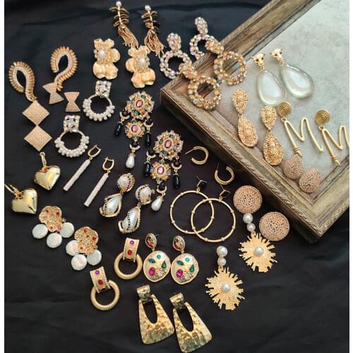 Flatfoosie Vintage Geometric Metal Drop Earrings for Women Gold Color Statement Pearl Crystal Earrings Wedding Jewelry Gifts New