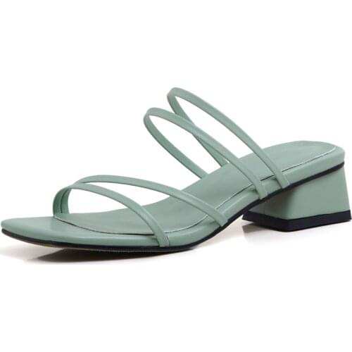 New Summer Women Narrow Band Slippers Fake Leather Sexy Ladies Low Square Heels Woman Black White Green Open Toe Shoes M120