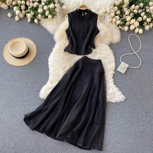 2021 New Dark Style Womens Hollow Stitching Self-cultivation Stand-up Collar Top Women High Waist Skirt Suit GK835