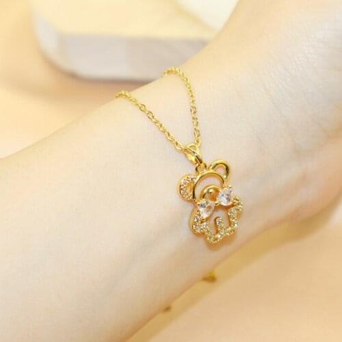 14k Real Gold Feminia Cute Bear Short Necklace for Women Ins Hot Sale Shine Zircon Choker Birthday Gift Wedding Jewelry Pendant