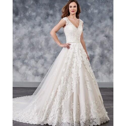Gelinlik V-neck A-line Wedding Dresses 2019 Lace Up back Vintage Abito da Sposa Crystal Pearls Waist Suknie Slubne Bridal Gown