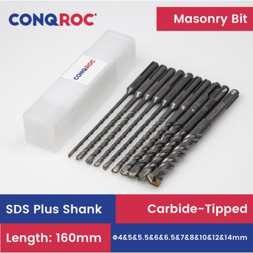 10 Pieces 160mm SDS Plus Masonry Drill Bits Set 4&5&5.5&6&6.5&7&8&10&12&14mm Standard-Point Carbide-Tipped Hammer Drill Bits