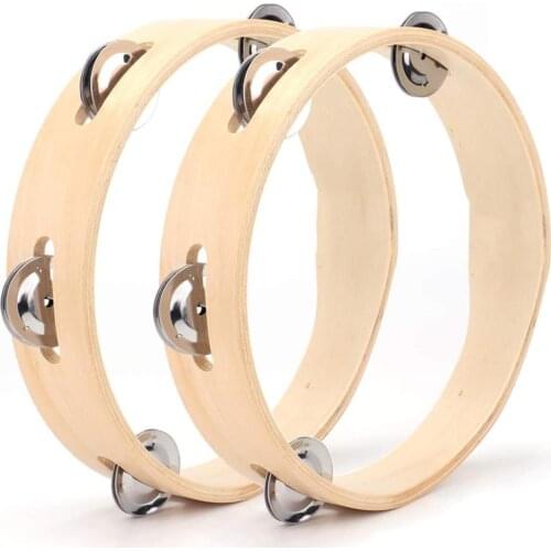 2 Pack Tambourines Wooden Handheld Tambourines with Jingel Bells 6 Inches Diameter