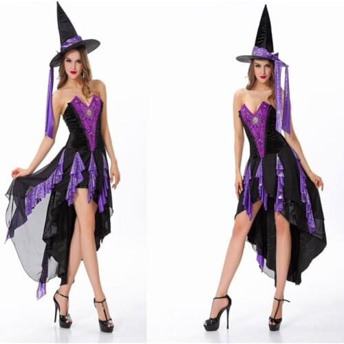Witches Cos Halloween Sexy Women Purple Swallow-Tailed Dress Vampire Zombie Demon Costumes 3PCS Set Halloween Cosplay Costumes