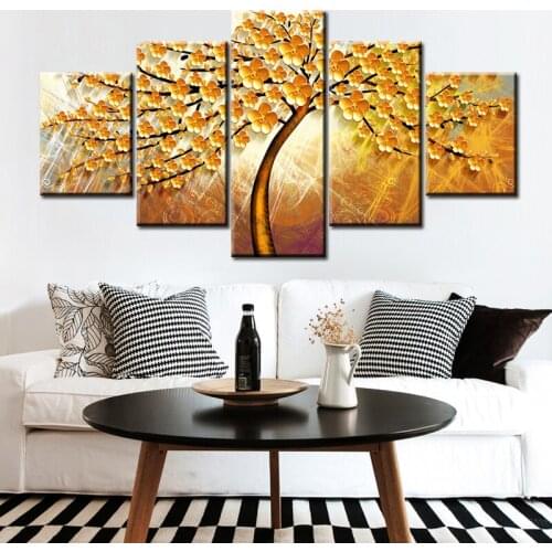 5 Panels Irregular Canvas Painting Abstract Golden Flower Tree Print and Poster Plant Wall Art Home Decoration for Living Room