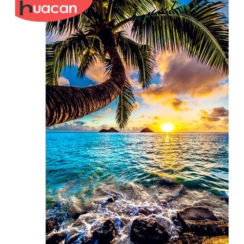 HUACAN 5D Full Drill Diamond Painting Sea Sunset Diamond Embroidery Coconut Tree Handmade Gift Wall Decoration