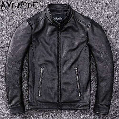 AYUNSUE Autumn Jacket Genuine Cowhide Leather Jackets for Men Clothing Stand-up Collar Coat Short Clothes Ropa Hombre LXR1048