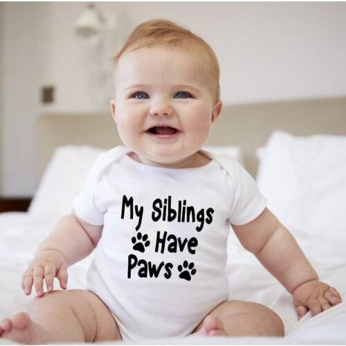 White Bodysuit Newborn Onesie My Siblings Have Paws Letter Print Short Sleeves Baby Bodysuits Infant Clothes Baby Onesie