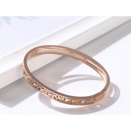 Luxury Hollow Roman Numerals Letter Stainless Steel Bangles For Women CZ Crystal Rinestone Womens Bracelet Jewelry Girl Gift