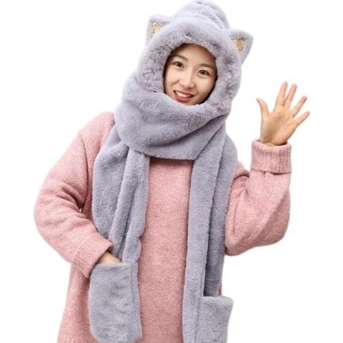 Doitbest Cute cat ears Women Winter Warm Plush One-Piece Hat Scarf beanies fur set lady girls Thermal Hooded Earflap Cap