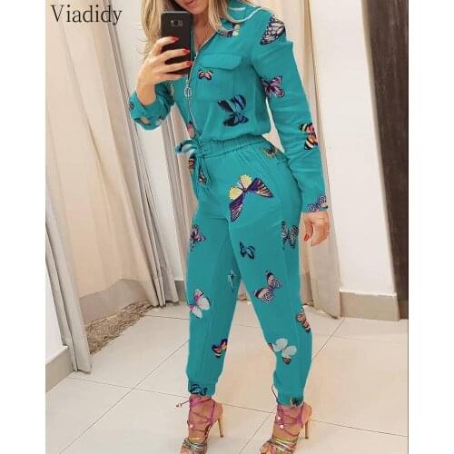 Butterfly Print Long Sleeve Zipper Pocket Design Denim Jumpsuit Overalls