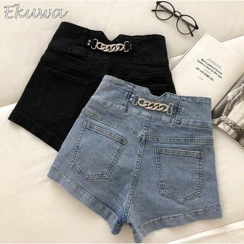 EKUWA 2021 Chic Fashion Women Short Denim Pants Sexy Wide Leg Pants Korean Back Pockets High Waisted Jeans Buttons Cargo Pants
