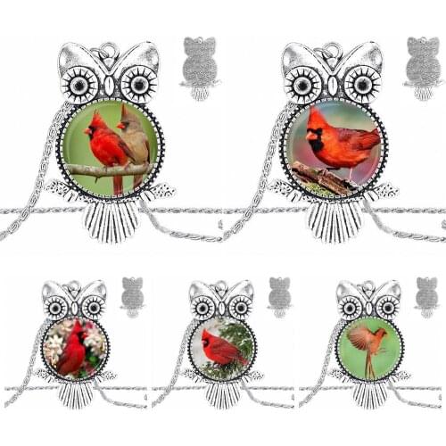 EJ Glaze Jewelry Plated Glass Cabochon Choker Long Pendant Owl Necklace For Women Christmas Gift Cardinal Bird