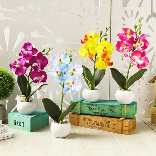 4Heads Artificial Butterfly Orchid Flower Potted Bonsai for Home Garden Decoration Office Bedroom Ornament Fake Plants Flowers
