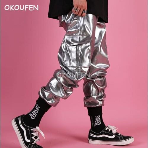 Silver coated pocket overalls thread feet pants nightclub hipster singer stage performance pants