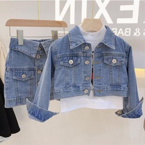 DFXD Spring Childrens Sets Fashion 2pc Outfits Long Sleeve Denim Jacket Coat+Jeans Skirt Toddler Clothes 2-7Yrs Baby Suits New
