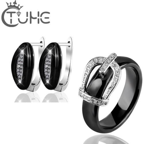 High Quality U Hoop CZ Rhinestone Earring Crown Rings Jewelry Sets Never Fade Ceramic Fashion Wedding Earrings Rings Set
