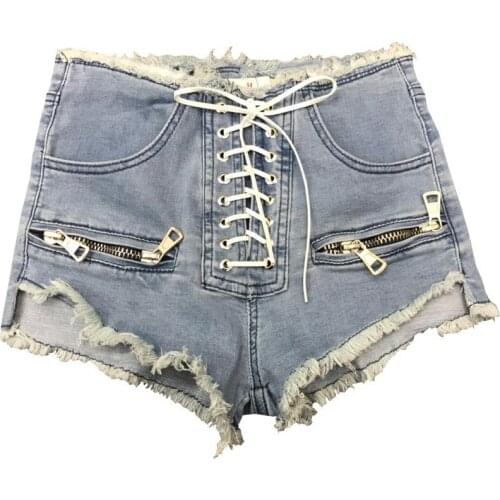 Summer Fashion Fake Zipper Sexy High Waist Short Jeans Female Blue Black Lace Up Korean Bandage Casual Skinny Denim Shorts