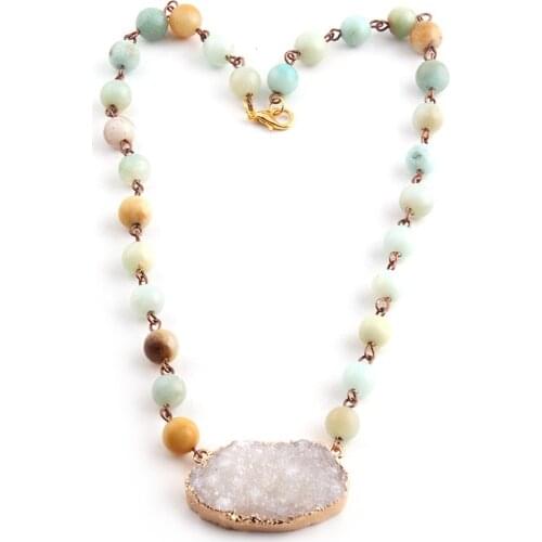Fashion Bohemian Tribal Artisan Jewelry Rosary Chain Amazonite Stones Short Big White Black Druzy Charm Pendant Chokers Necklace