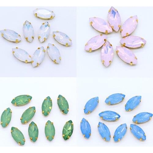 Fashion Opal Stones Navette Horse eye shape Glass Crystal Sew On Rhinestones With Golden Claw For Sewing Clothing wedding Diy