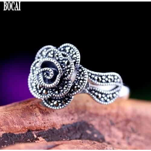 BOCAI New Real S925 Pure silver jewelry Thai silver classic style fashionable rose ring for Woman adjustable womens ring