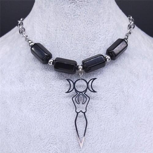 2021 Moon Goddess Obsidian Stainless Steel Pendant Necklaces Silver Color Choker Necklace for Women Jewelry cadenas mujer NXS04