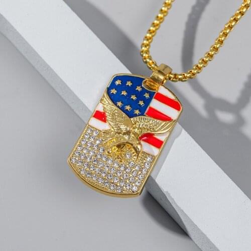 Fashion US Flag Eagle Pattern Enamel Rhinestone Square Pendants Necklaces For Women Men Hip Hop Jewelry Gold Chain Necklace Gift