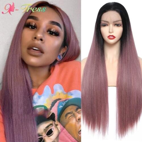 X-TRESS Pink Pruple Wig Synthetic Ombre Lace Front Wigs For Black Women Soft Free Part Long Straight Cosplay Wigs Heat Resistant