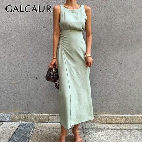 GALCAUR Summer Sleeveless Solid Dress For Women O Neck Off Shoulder High Waist Bandage Midi Dresses Female Fashion 2019 New