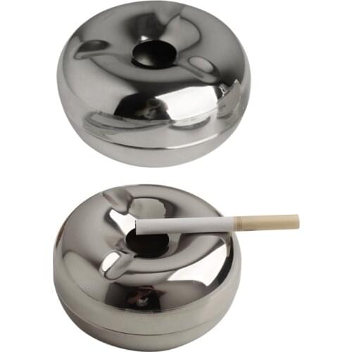 N58C Windproof Ashtray with Lid Stainless Steel Donut-Style Tray Outdoor Indoor Use for Car Office Terrace Decoration