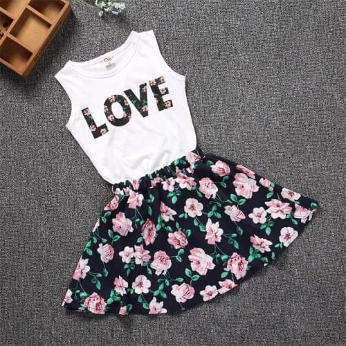 2021 Girls Casual Two-piece Clothes Tank Top Vest Top Summer Fashion Sleeveless Printed skirt children