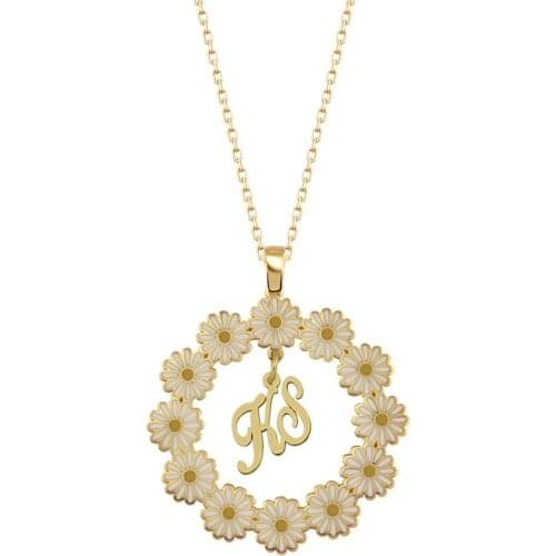 Enamel Daisy Inside Frame Silver Letter Necklace DN277