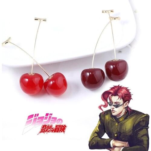 Anime JoJos Bizarre Adventure Earrings Splice Heart Kakyoin Noriaki Cherry Drop Earrings For Women Men Cosplay Ear Clips Jewelry