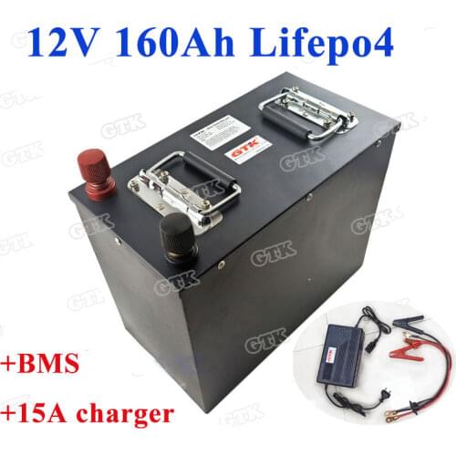 Steel case 12V 160Ah LiFepo4 lithium battery pack with BMS for motorhome RV electric trolling motor golf cart+10A charger