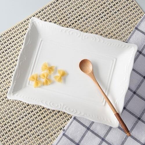 9inch, white embossed porcelain serve plates, square serving plate ceramic, elegant baking dish for cake dessert, barbecue tray