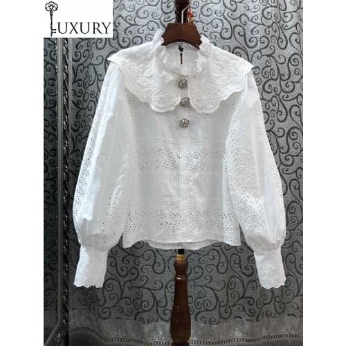 2020 Spring Summer 100%Cotton White Shirts Women Ruffled Collar Beading Button Deco Long Sleeve Embroidery Blouse