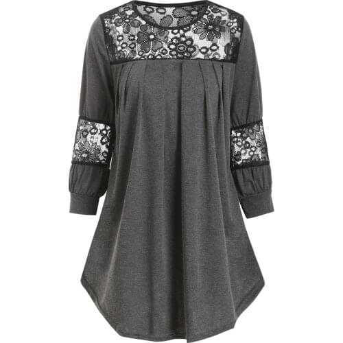 Joineles Plus Size Lace Insert Curved Women Shirts L~5XL Round Neck 3/4 Sleeves Casual Female Blouse Colorblock Ladies Blusas