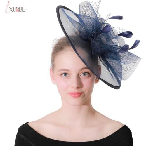 Navy Blue Tulle Birde Wedding Hat Bridal Headpiece Headwear Wedding Accessories Women Fascinator