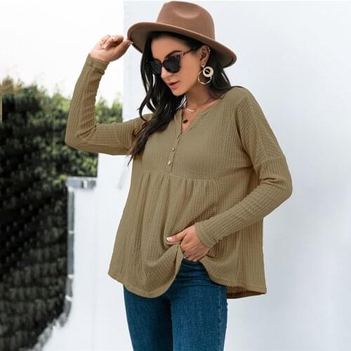 2021 Autumn New Long Sleeve Solid Women Tops Loose Casual V-neck Button Patchwork T Shirt For Woman Fashion Roupas Femininas