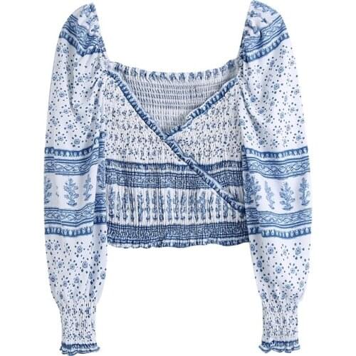 TRAF Women 2021 Fashion Smocked Printed Cropped Blouses Vintage V Neck Lantern Sleeve Female Shirts Streetwear