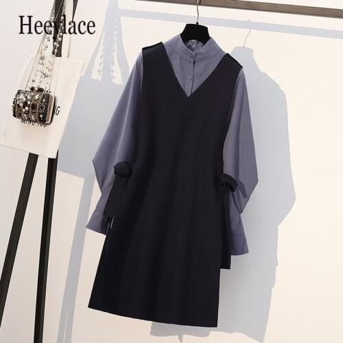 Plus size women autumn elegant two piece set for women lantern sleeve solid blouse shirt and knitted sleeveless vest dress sets