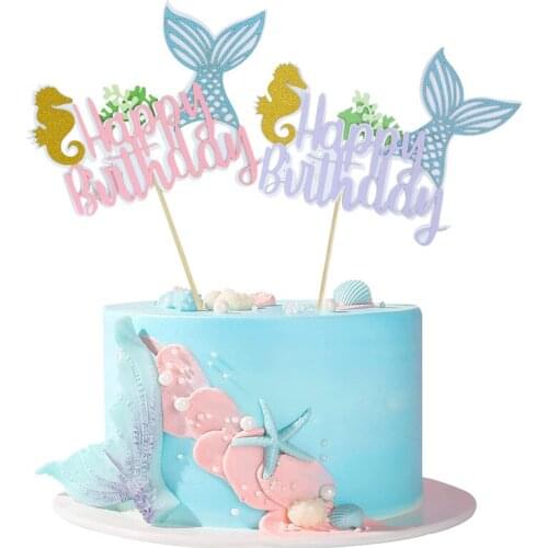2Pcs Mermaid Tail Happy Birthday Cake Topper Flags Baby Boy Girl Kids Mermaid Theme Party Decoration Supplies Baby Shower Favor