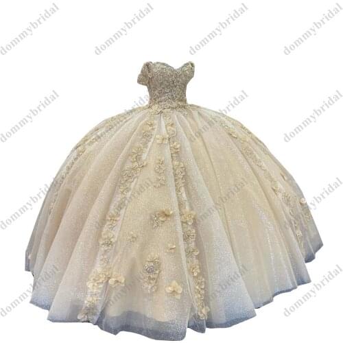 2022 Glitter Champagne 3D Floral African Pattern Flowers Ball Gown Quinceanera Dress Puffy Mexican Off Shoulders Prom XV Dresses