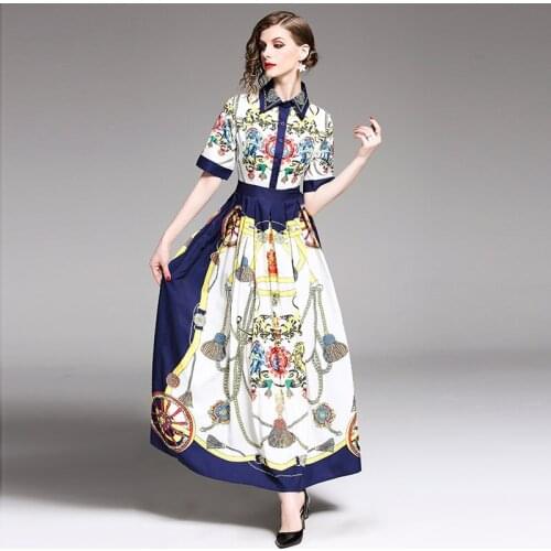 2021 Womens Summer Dress French Court Style Lapel Print Pleated Short-sleeved Dress New Waist Female Slim Dresses X229